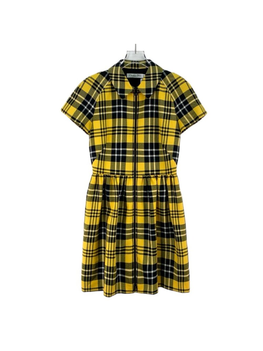 Dior 2022 Color-Block Plaid Wool Collared Waist-Defined Dress